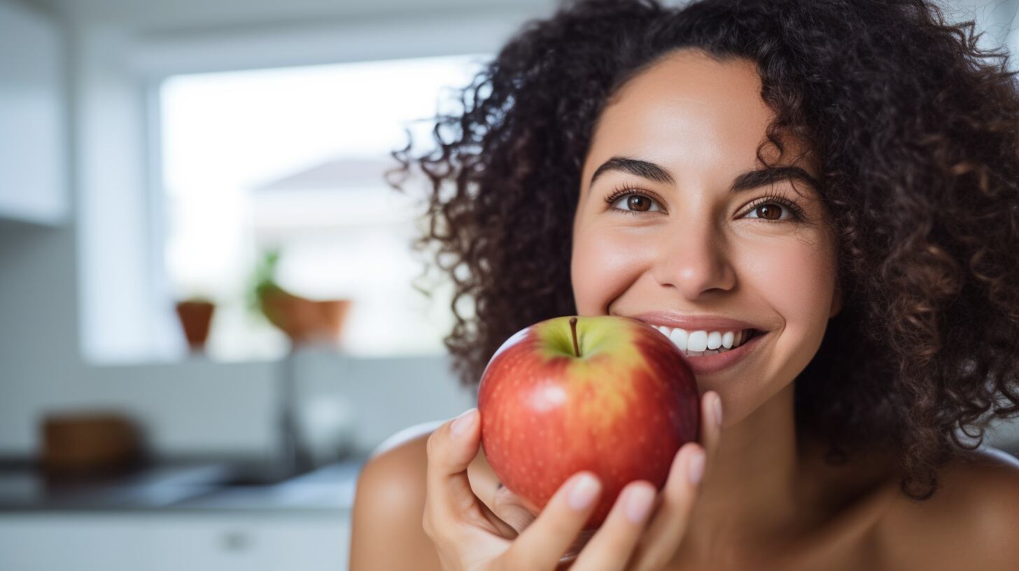 Imagen de una mujer sosteniendo una manzana jugosa, destacando la importancia de la nutrición y el cuidado del cuerpo. (Imagen ilustrativa Infobae)