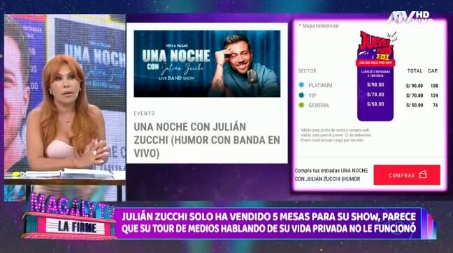 Julián Zucchi solo ha vendido 5 mesas de 77 para su show: "Ahora lo remata a 2×1". (Captura: Magaly TV La Firme)