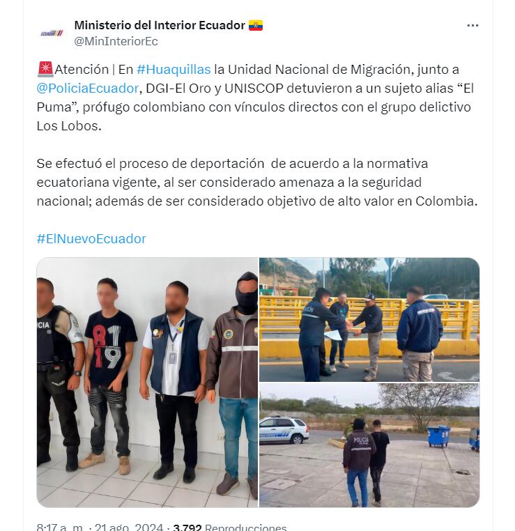 Alias El Puma fue deportado a Colombia, y en el paso fronterizo ubicado en el puente internacional de Rumichaca se hizo la entrega del delincuente a las autoridades colombianas - crédito @MinInteriorEc