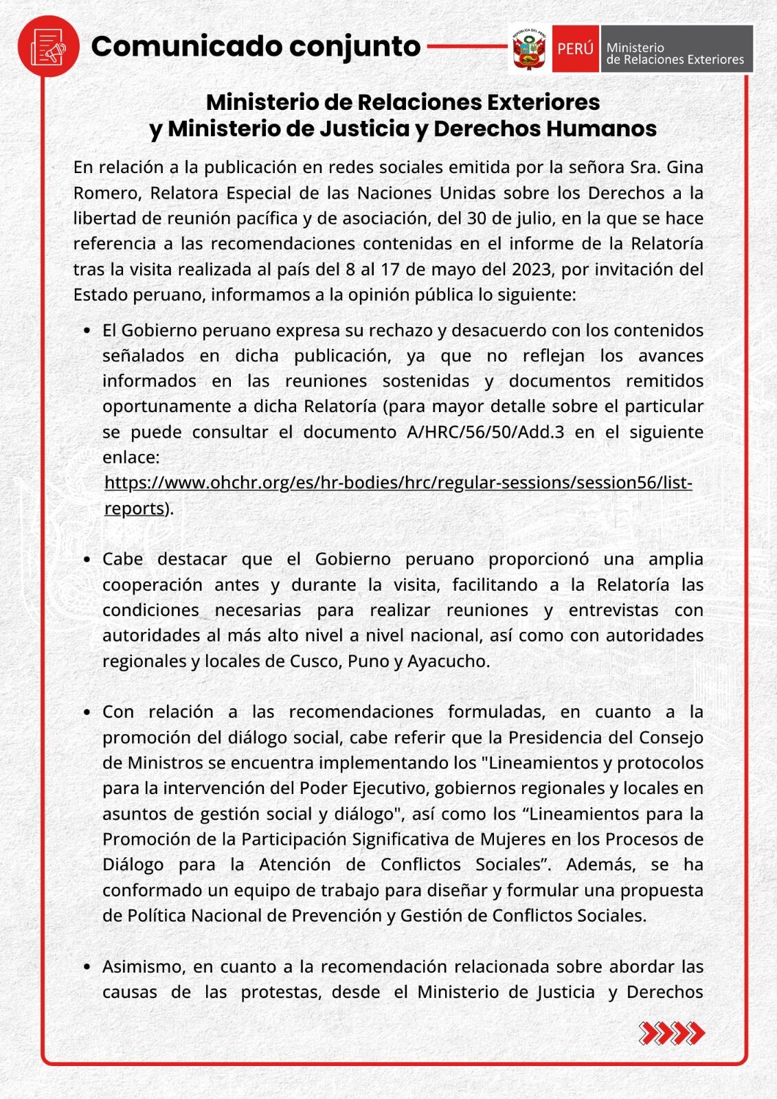 Comunicado de Cancillería sobre las declaraciones de la relatora de la ONU