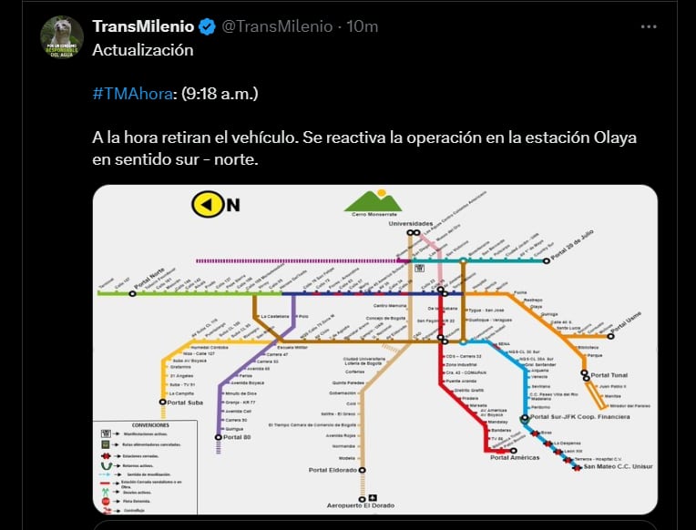 Transmilenio reportó que un bus se quedó varado en la estación Olaya - crédito X