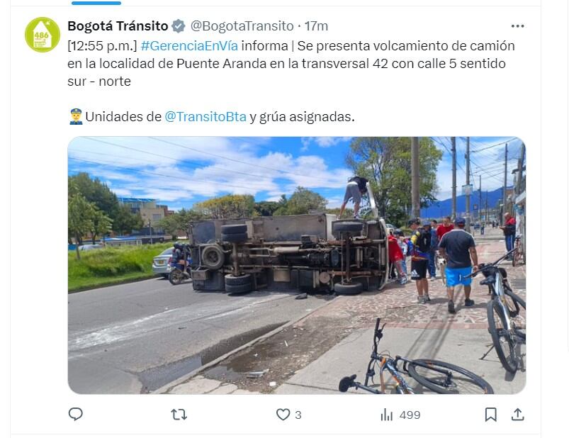 Bogotá Tránsito informa de un volcamiento en la localidad de Puente Aranda - crédito @BogotaTransito