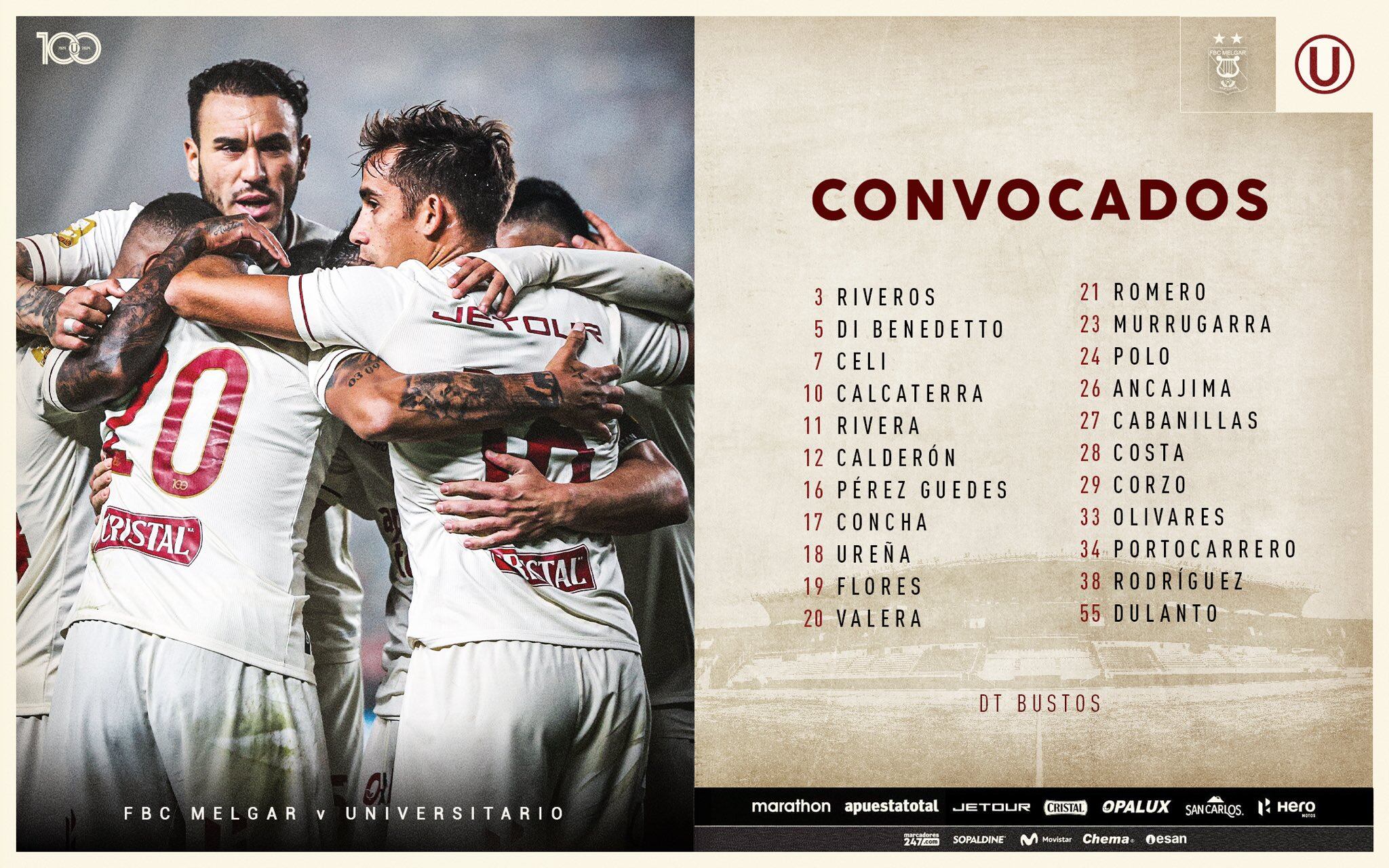 Los convocados de Universitario para el duelo ante Melgar en Arequipa.