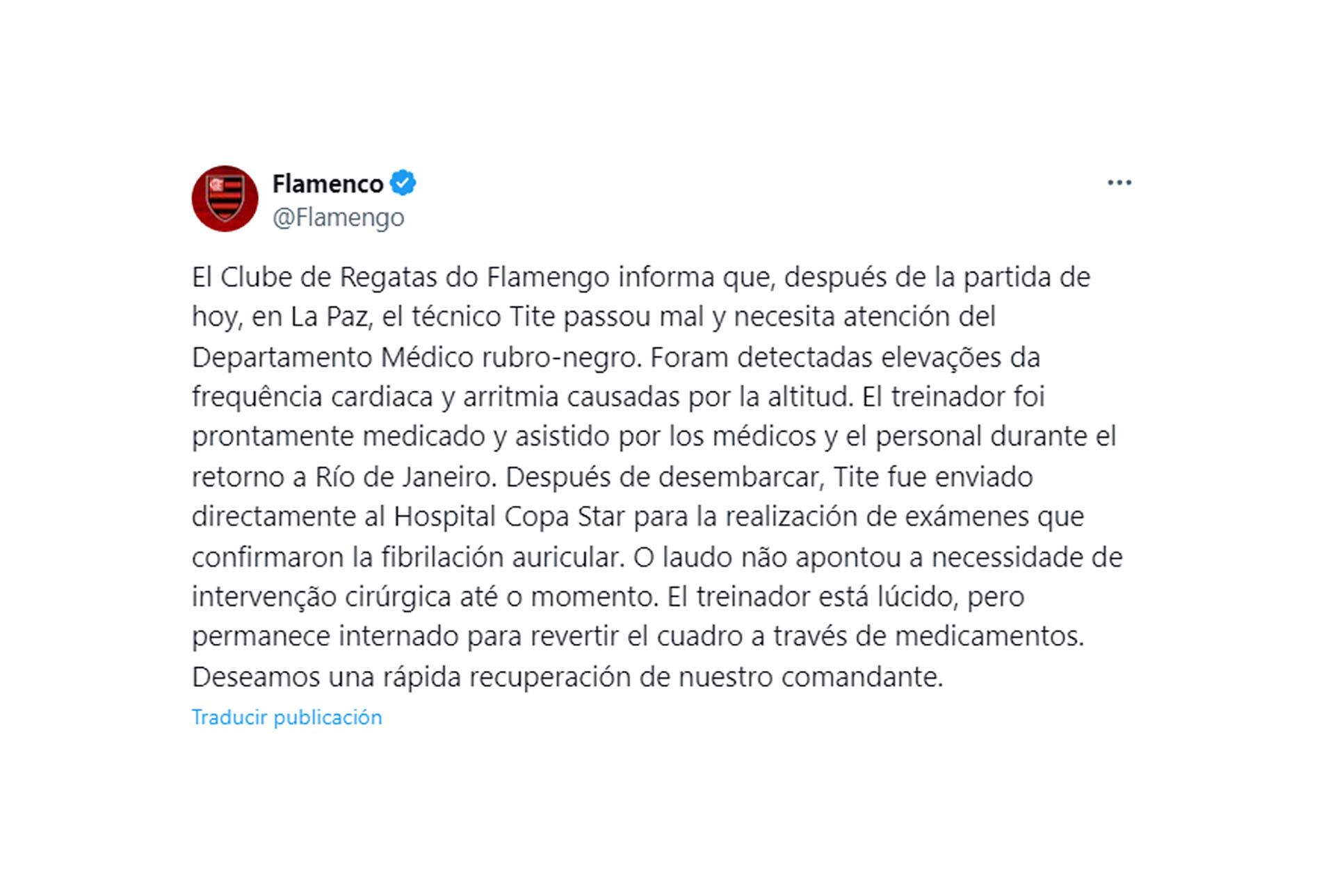 El comunicado de Flamengo sobre la salud de Tite