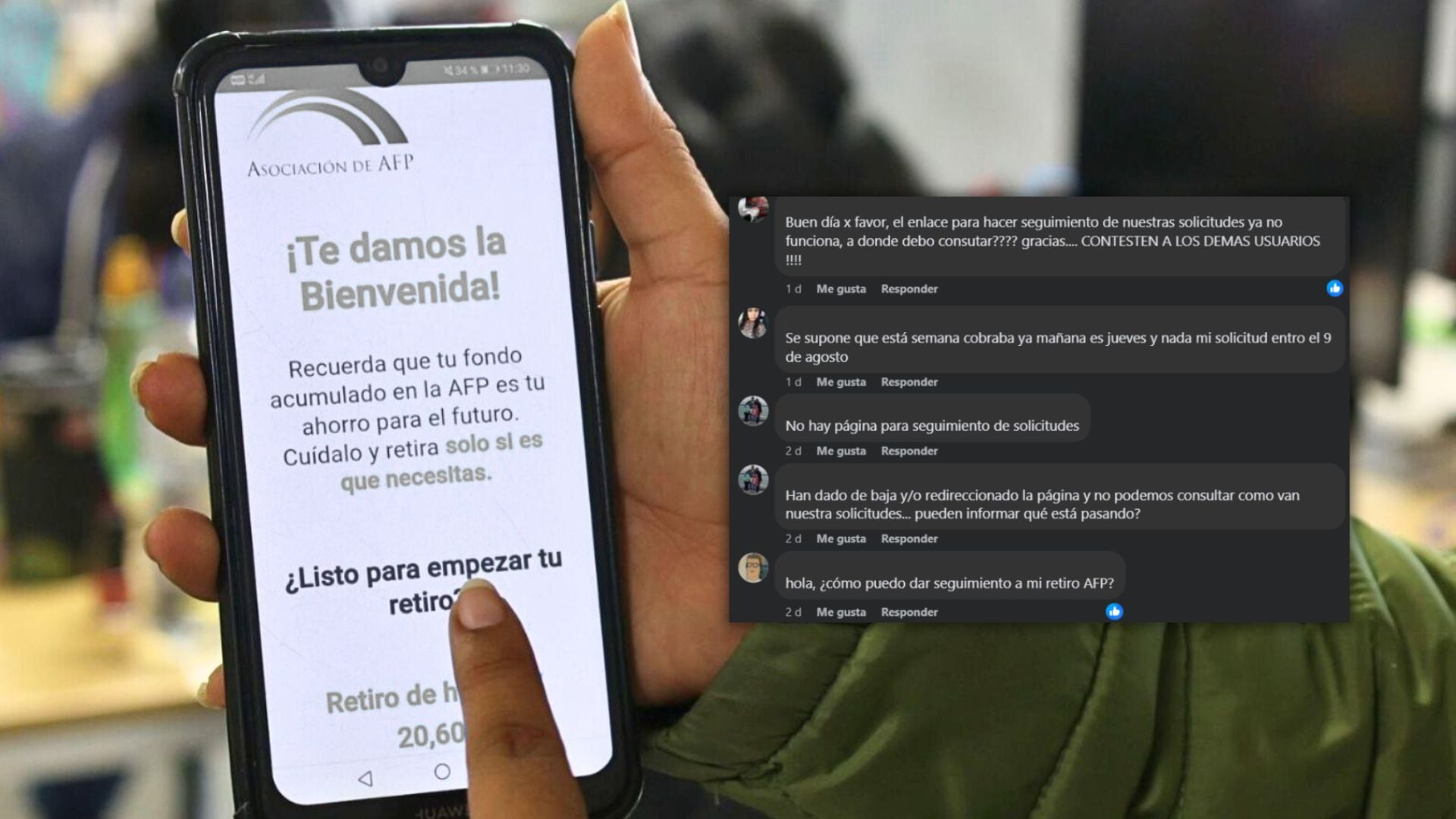 Mano con celular y página del retiro AFP y captura de comentarios y quejas a la Asociación de AFP