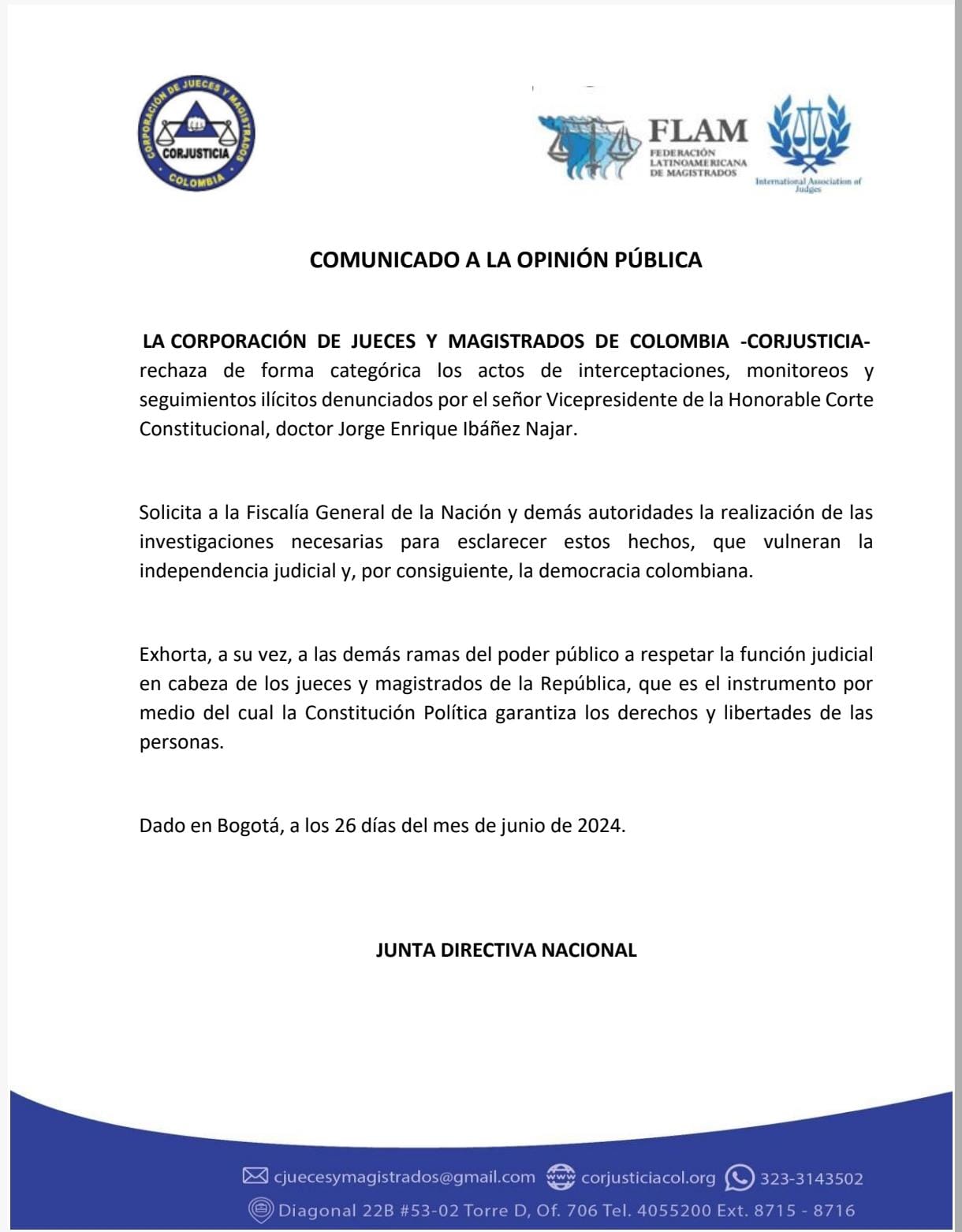 Corjusticia envió una dura advertencia por presuntas ‘chuzadas’ en las altas cortes - crédito Corjusticia