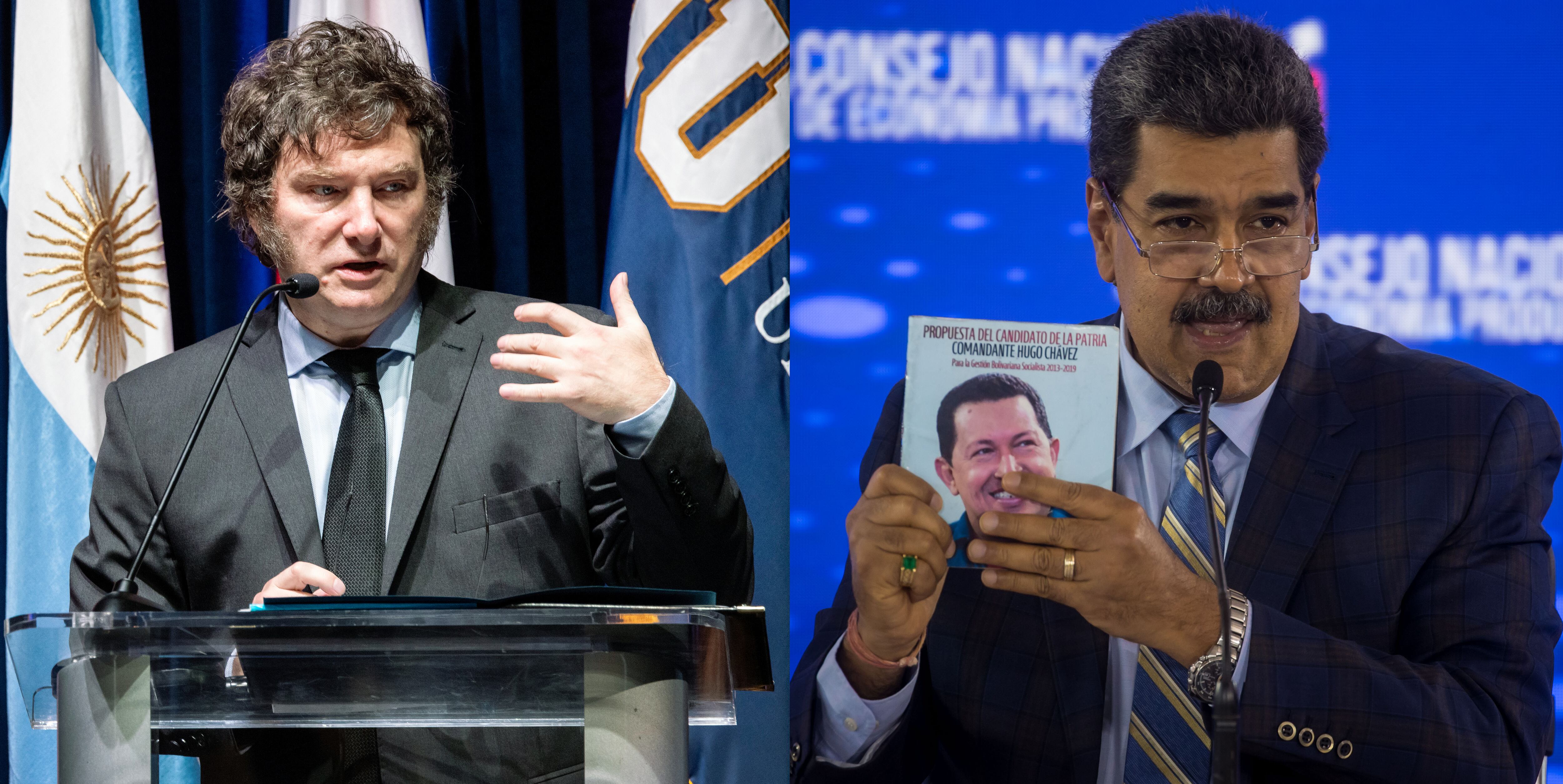 El presidente de Argentina, Javier Milei (i), y el dictador de Venezuela, Nicolás Maduro. (EFE/ Cristóbal Herrera-Ulashkevich / Miguel Gutiérrez)
