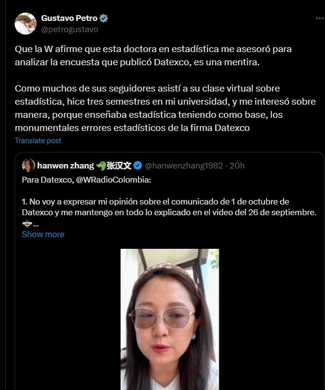 El presidente Petro dijo que La W mentía al decir que él contrató a la estadista china Hanwen Zhang para que lo asesorara con respecto a la encuesta de Datexco - crédito @petrogustavo/X