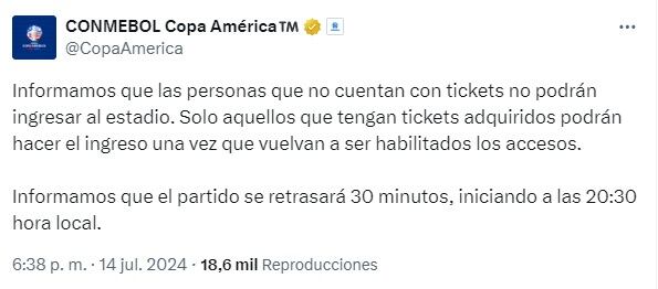 Conmebol confirmó que la gran final de la Copa América se demora 30 minutos más de su hora pactada - crédito @CopaAmerica/X