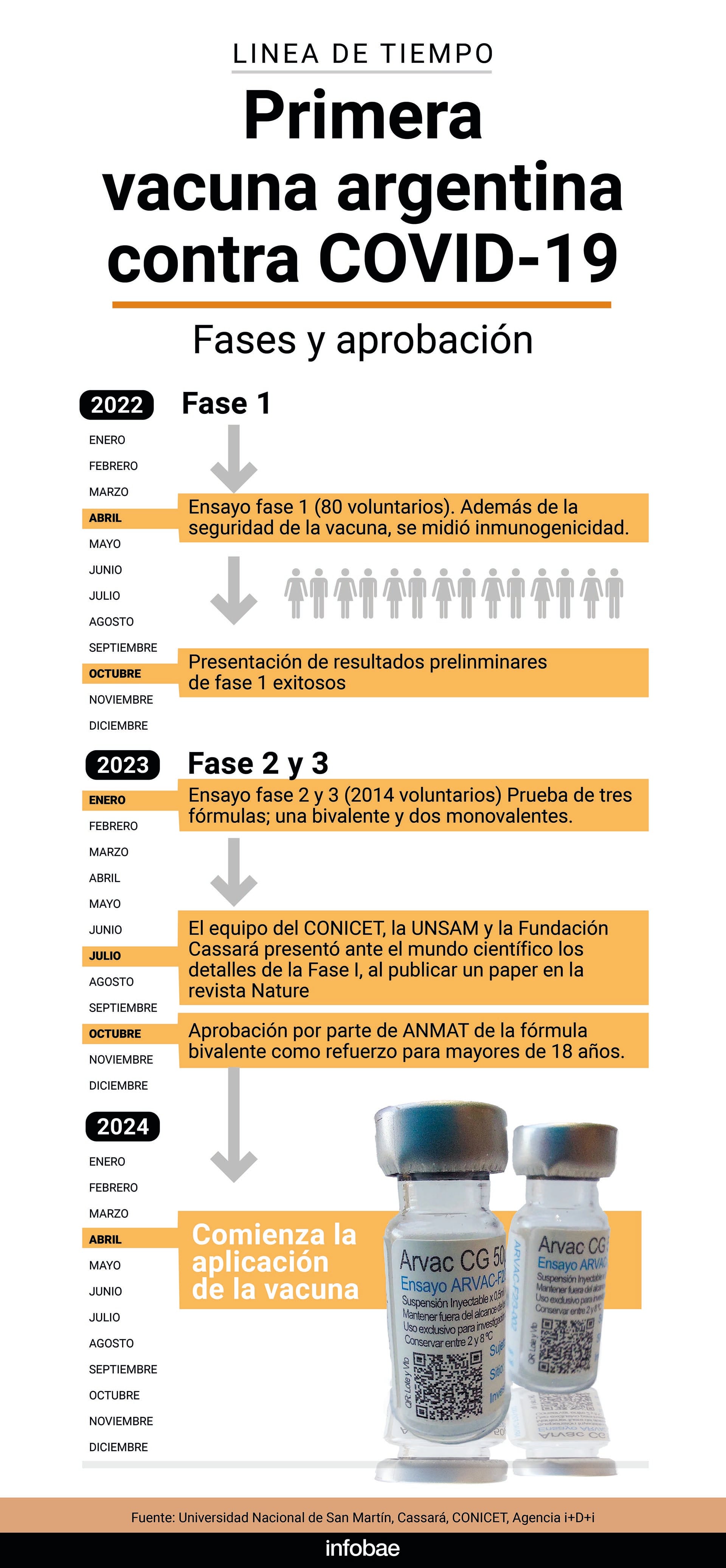 infografía hitos, línea de tiempo, de la vacuna argentina contra el COVID ARVAC (infografía Marcelo Regalado)