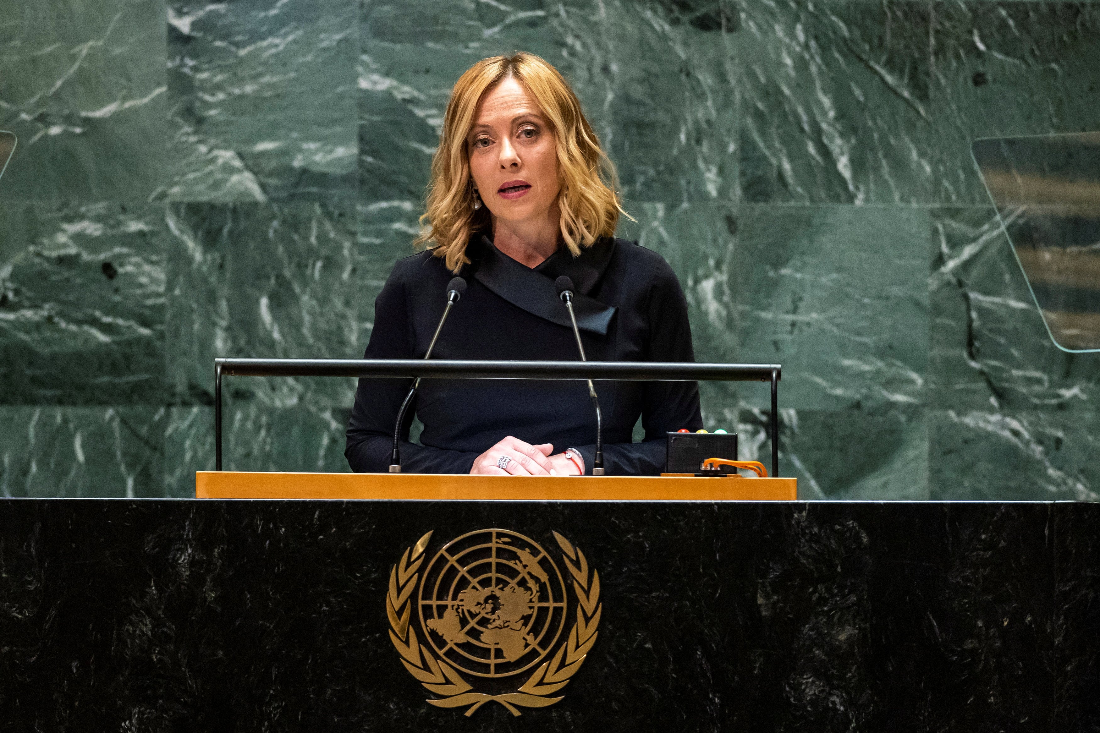 La primer ministra de Italia, Giorgia Meloni, habló en la 79° Asamblea General de la ONU en Nueva York este martes (REUTERS/Eduardo Munoz)