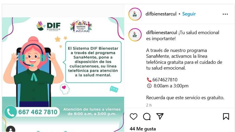 Dif Culiacán ofrece ayuda vía telefónica  
(Instagram)