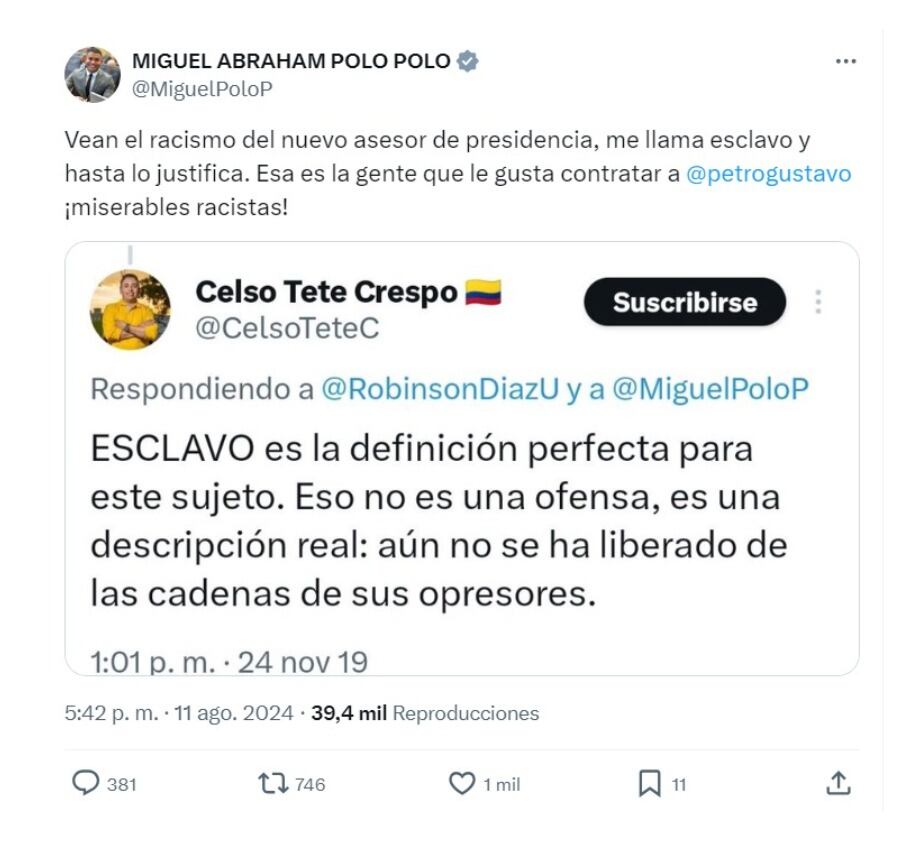 Miguel Polo Polo compartió comentarios racistas de Celso Tete Crespo