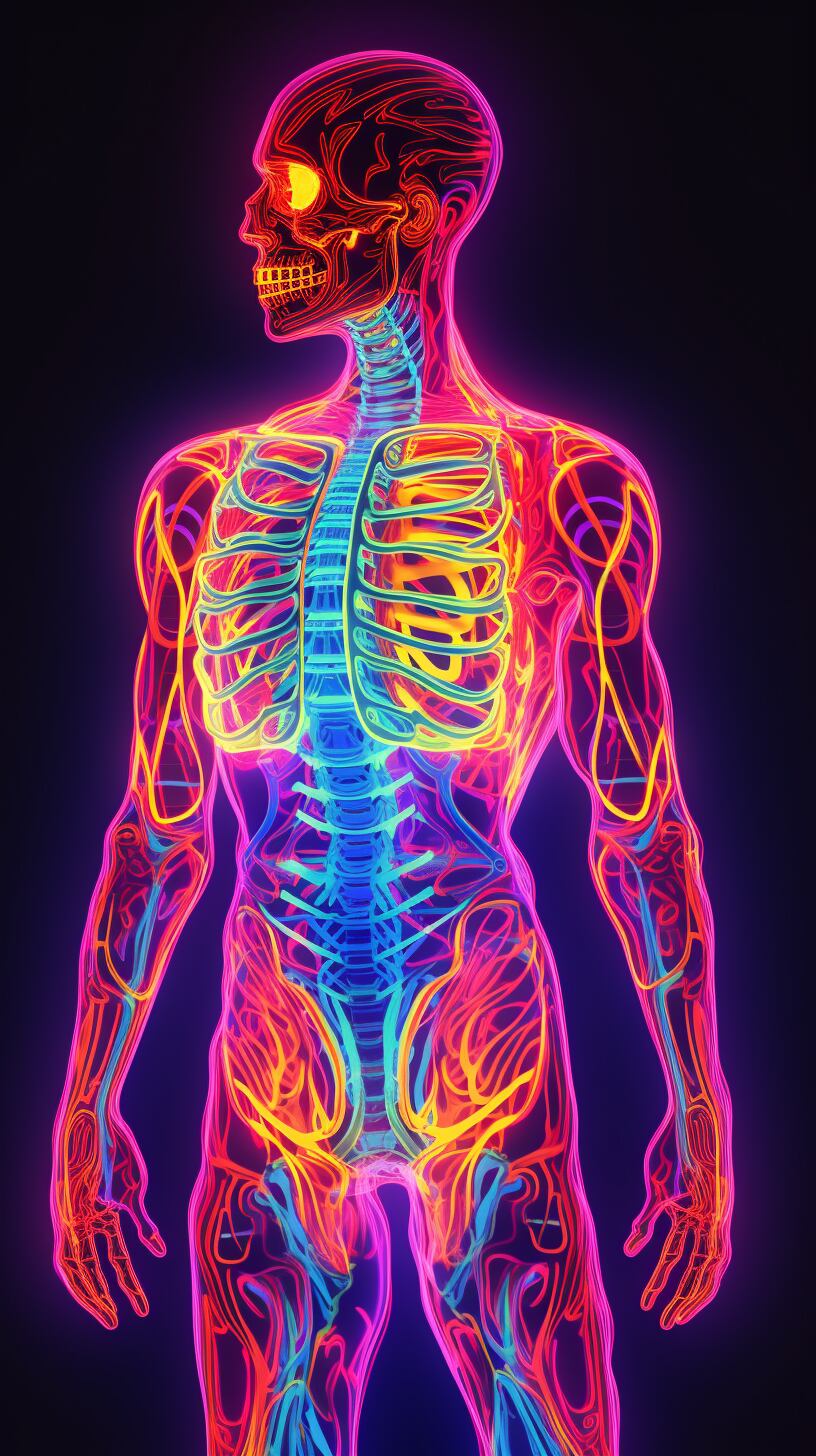 Una radiografía única que representa la anatomía del cuerpo humano mediante luces de neón, simbolizando la medicina del futuro, impulsada por la inteligencia artificial y la tecnología avanzada. (Imagen ilustrativa Infobae)