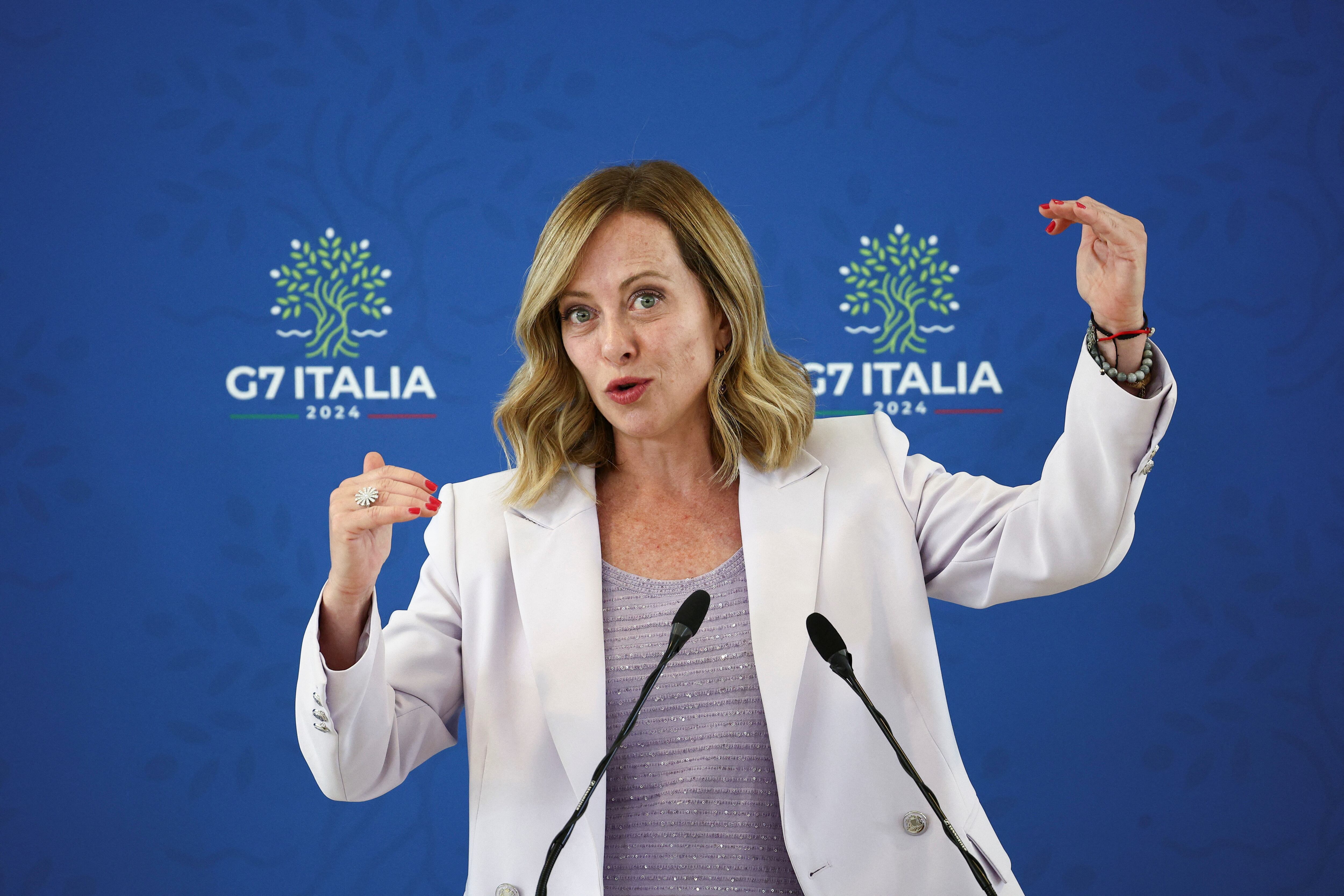Giorgia Meloni en el cierre del G7 (REUTERS/Guglielmo Mangiapane)