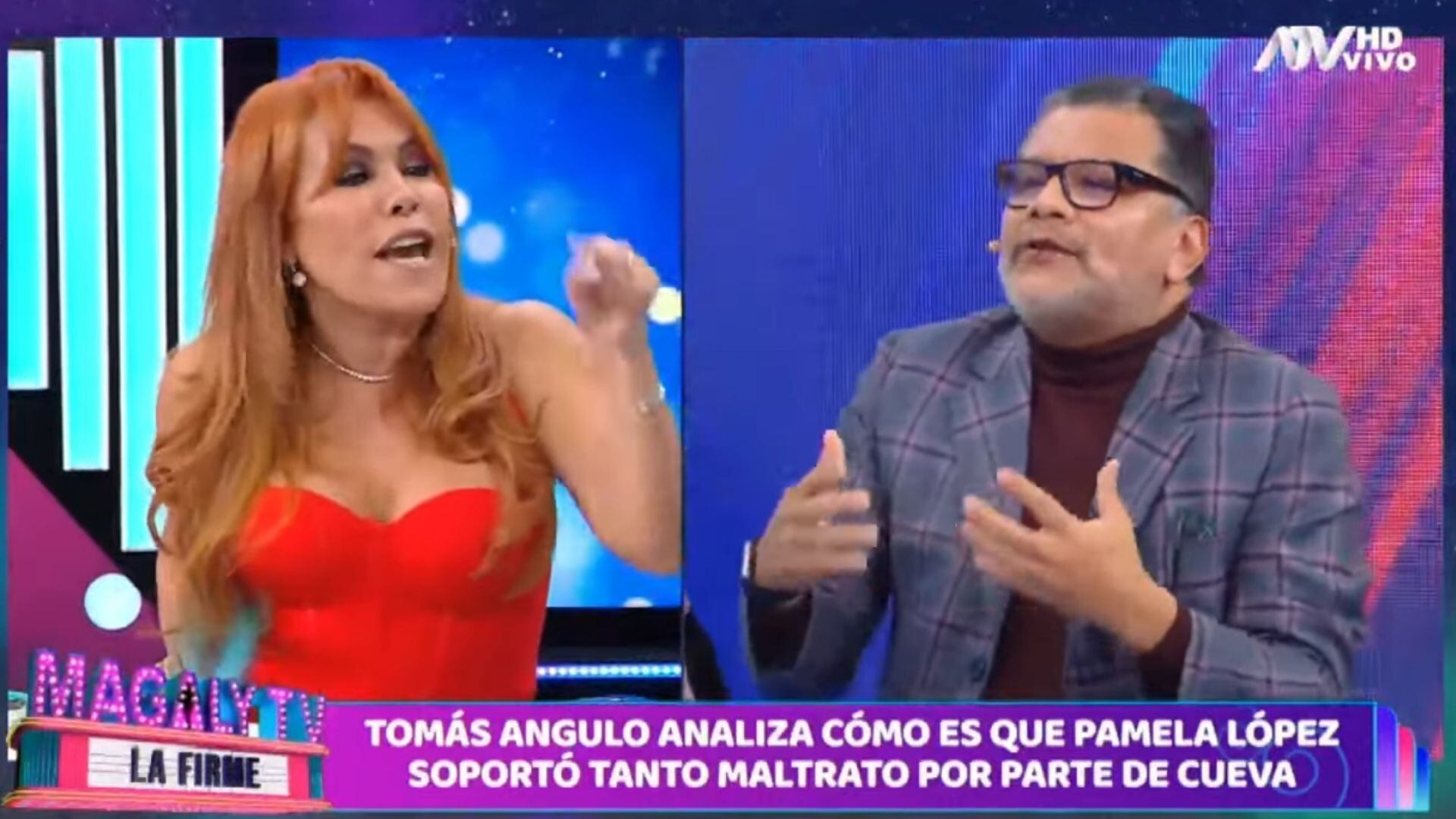 La tensa discusión entre Magaly Medina y Tomás Angulo por justificar agresiones contra Pamela López. ATV.