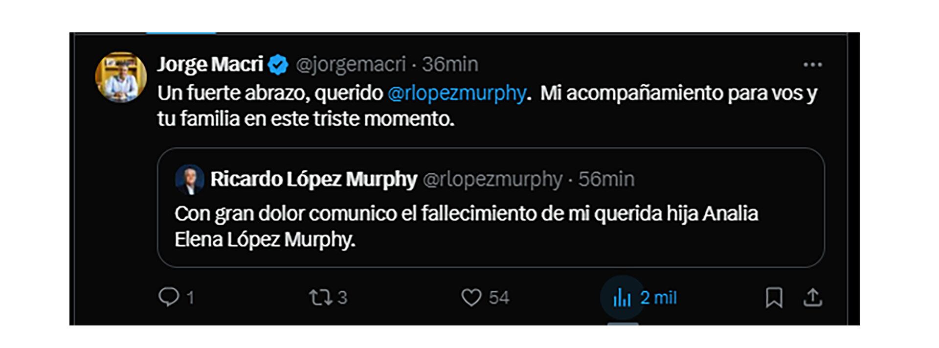 Mensajes por la muerte de la hija de Lopez Murphy