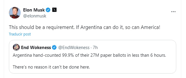 Elon Musk criticó el sistema electoral de EEUU y citó como ejemplo al de Argentina