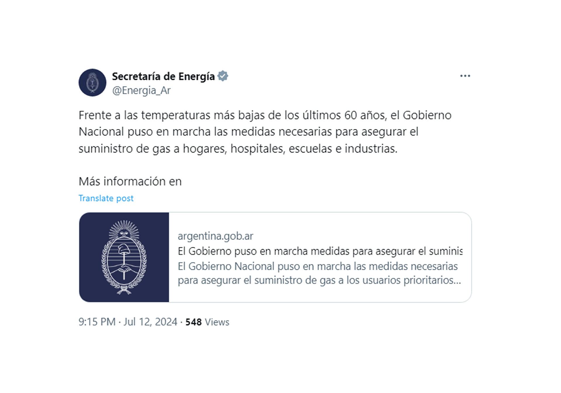 Medidas cortes de gas Secretaría de Energía tuit