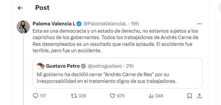 Paloma Valencia reprochó la decisión del Gobierno de cerrar Andrés Carne de Res - crédito @PalomaValenciaL