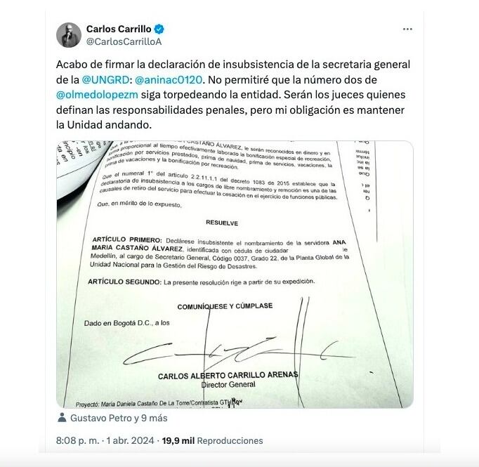 Carlos Carrillo declaró insubsistente a secretaria general de la Ungrd