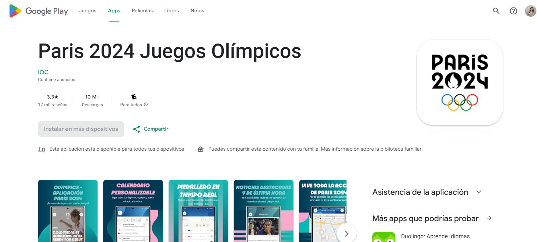 Para identificar la aplicación oficial de París 2024 es clave fijarse en el desarrollado, el cual es IOC.  (Play Store)