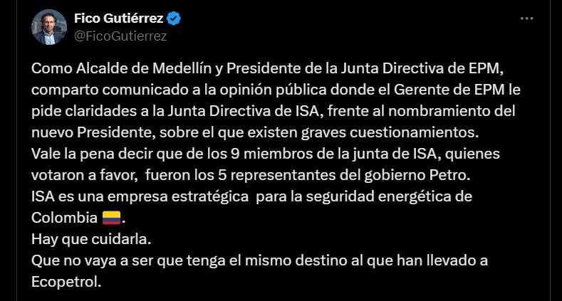 Alcalde de Medellín, Federico Gutiérrez sobre la carta enviada por el gerente de EPM a la compañía ISA - crédito @FicoGutierrez/X