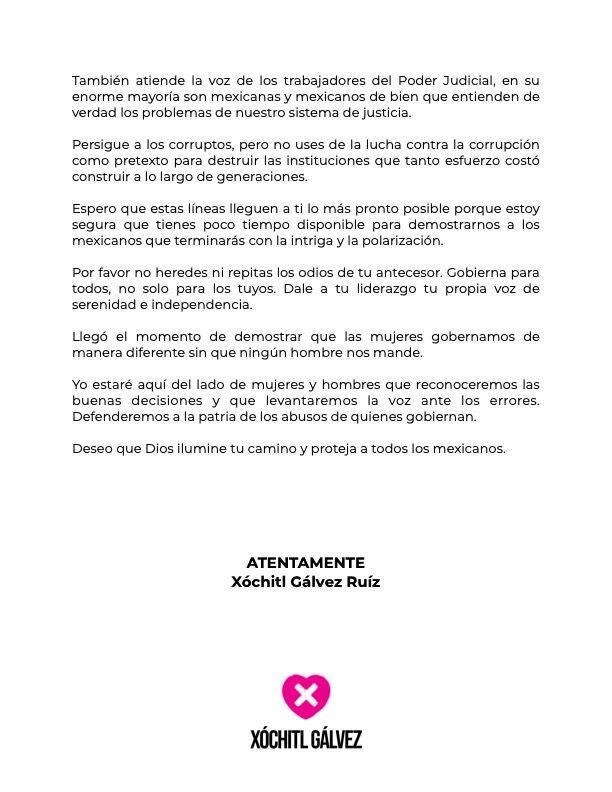 Carta de Xóchitl Gálvez para Claudia Sheinbaum en su toma de protesta.