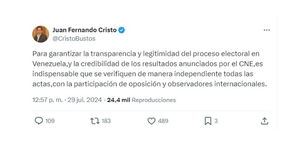 Juan Fernando Cristo y su reacción ante elecciones en Venezuela