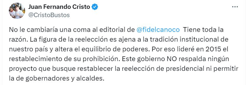 Juan Fernando Cristo adhiere a editorial de Fidel Cano - crédito @CristoBustos/X