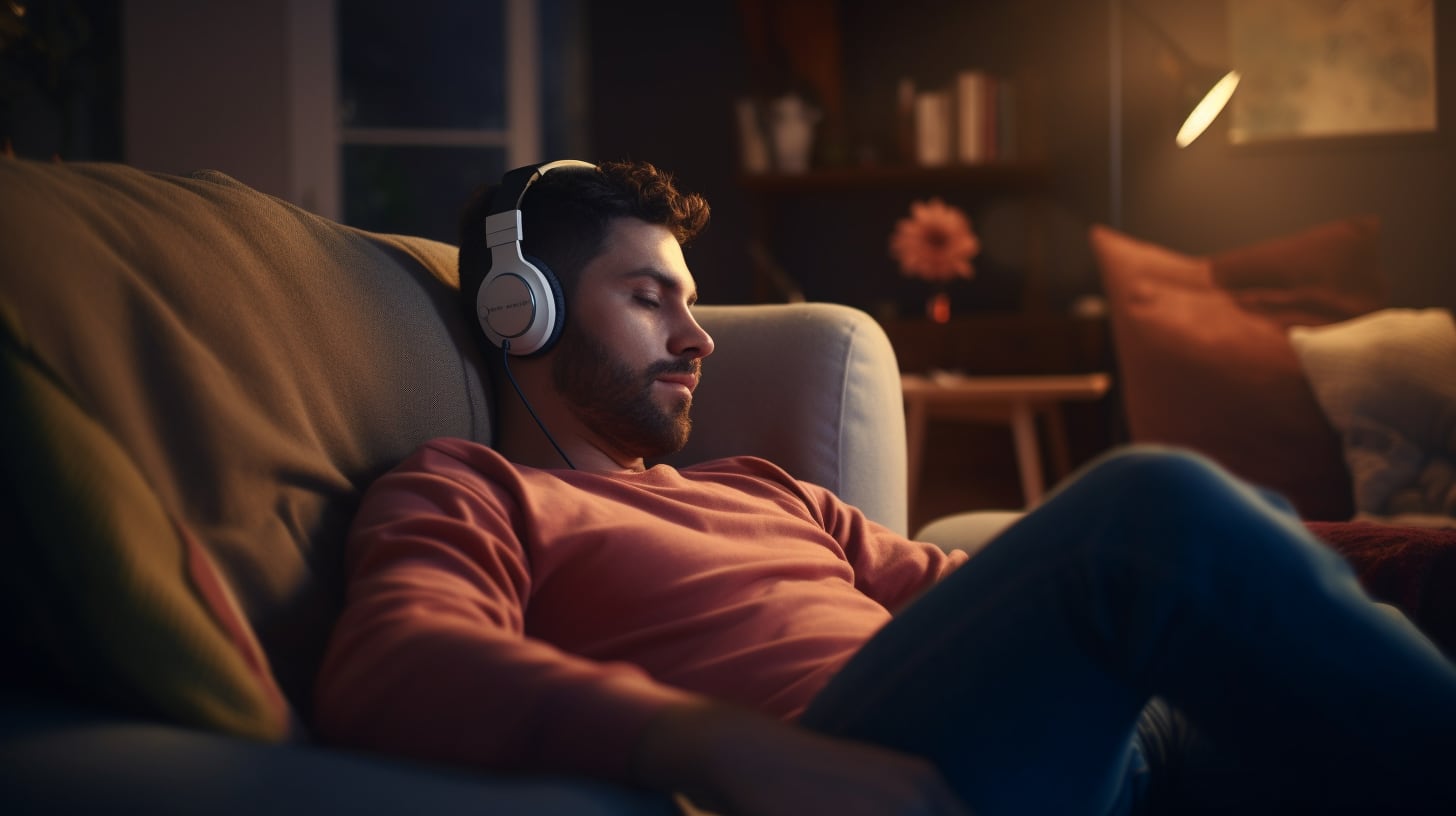 Un joven se relaja en su sillón con auriculares, disfrutando de una terapia musical que promueve su bienestar y salud mental en casa. (Imagen ilustrativa Infobae)