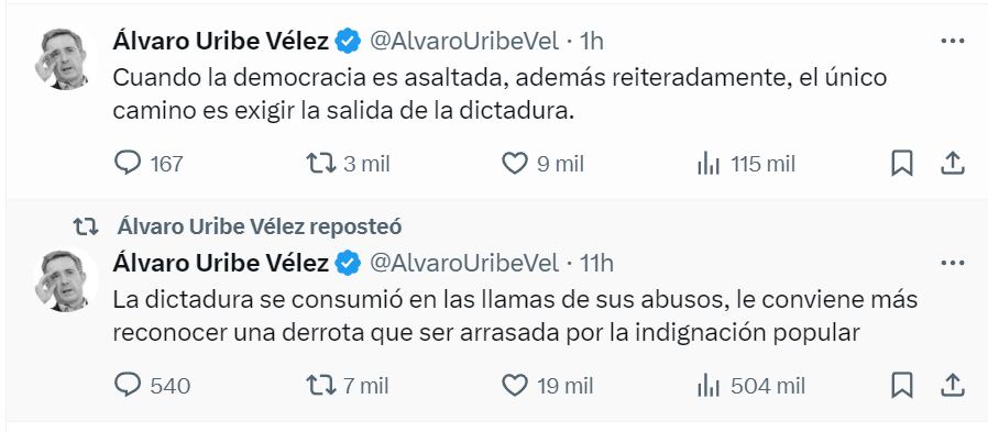 El expresidente Álvaro Uribe se mostró molesto en redes sociales por victoria de Nicolás Maduro - crédito red social X