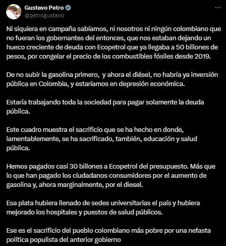 El presidente de Colombia justificó el incremento en los precios del Acpm, diciendo que las deudas con Ecopetrol no eran conocidas en su campaña - crédito Gustavo Petro/X