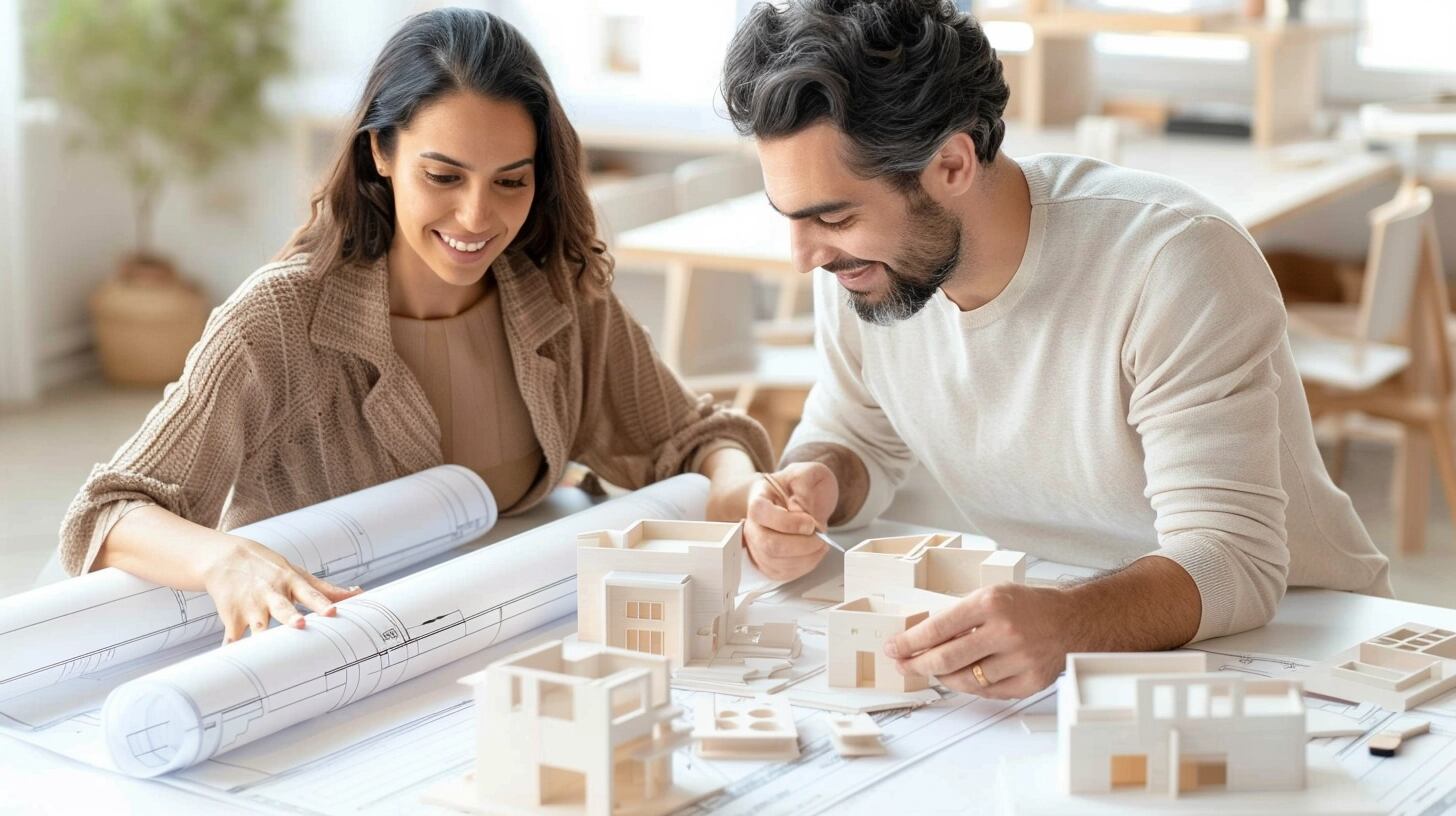 Una pareja de arquitectos jóvenes, Matilde y Javier, trabajando juntos en un proyecto de diseño, rodeados de planos y maquetas. Mientras colaboran, su conexión afectiva es evidente, simbolizando cómo el amor y la pasión por la arquitectura pueden entrelazarse, creando vínculos profundos tanto en el ámbito profesional como personal. (Imagen ilustrativa Infobae)