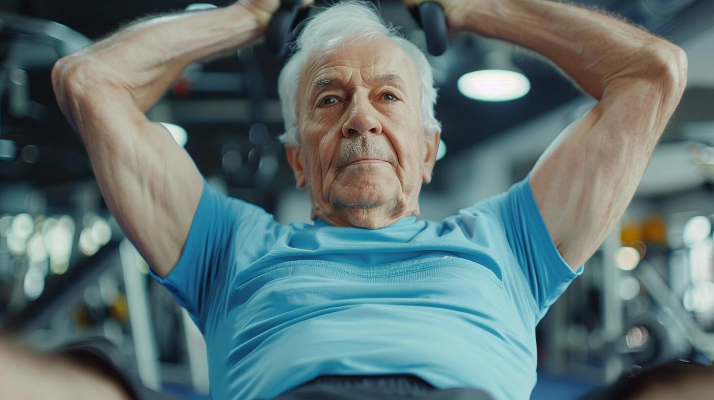 Adulto mayor fortaleciendo su core con ejercicios de abdominales en un ambiente de gimnasio, simbolizando la perseverancia y la importancia del entrenamiento físico para la salud y el bienestar en la tercera edad. Este abuelo se mantiene hidratado y enfocado en su bienestar físico. (Imagen ilustrativa Infobae)