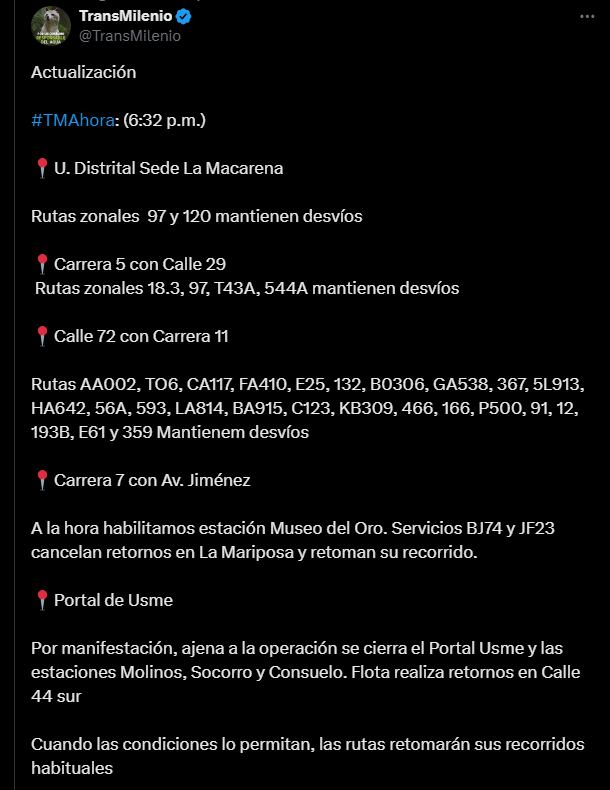 Actualización de la operación de buses de Transmilenio - crédito @TransMilenio / X