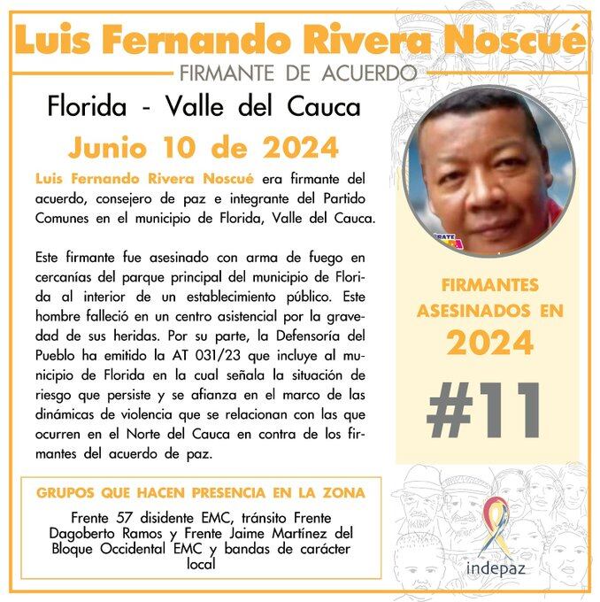 Luis Fernando Rivera Moscué fue indentificado como el lider social asesinado en Florida, Valle del Cauca - crédito Indepaz