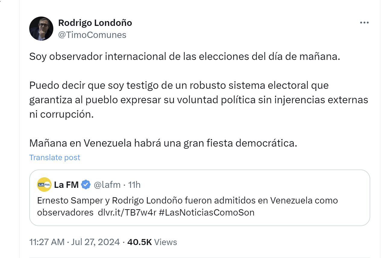 Rodrigo Londoño aseguró que el sistema electoral de Venezuela no permite la injerencia de actos de corrupción - crédito @TimoComunes/X