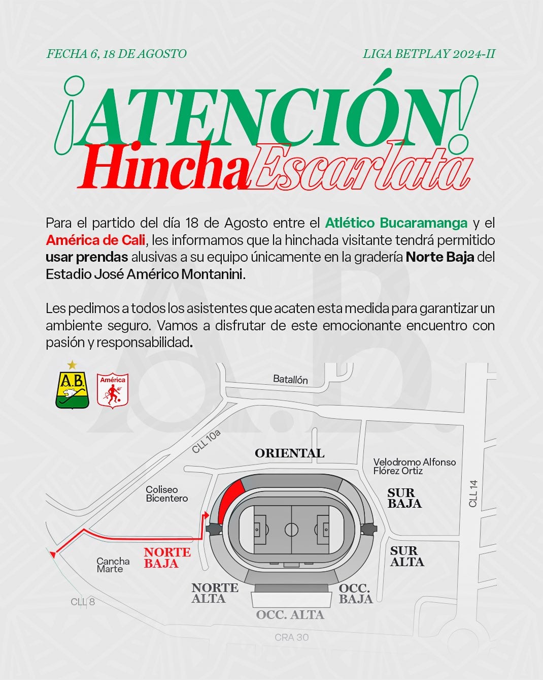 Atlético Bucaramanga dispuso diferentes medidas de seguridad para los hinchas de América de Cali - crédito @ABucaramanga/X