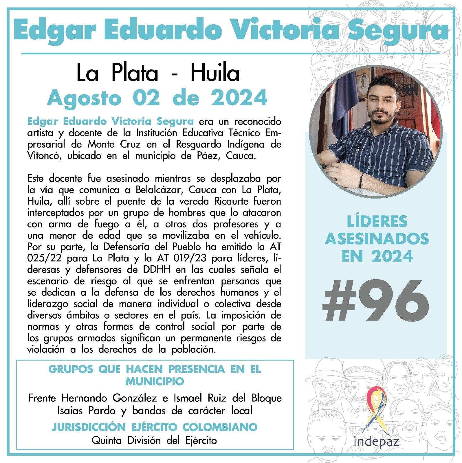 Este fue el informe de Indepaz sobre la muerte de Edgar Victoria Segura - crédito Indepaz/X