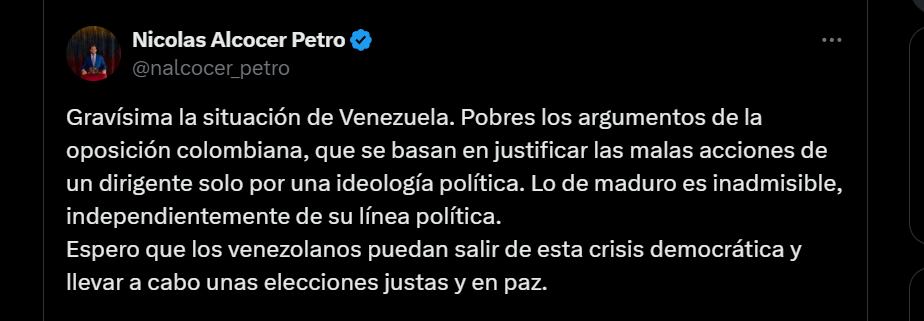 Las críticas de Nicolás Petro a la reelección de Maduro en Venezuela - crédito @nalcocer_petro