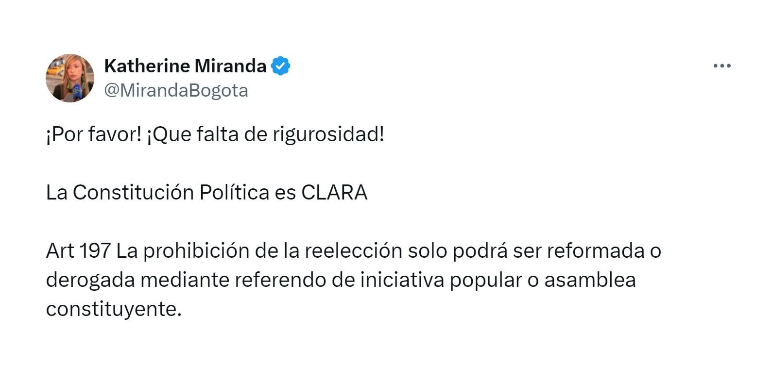 Katherine Miranda sobre proyecto de reelección presidencial