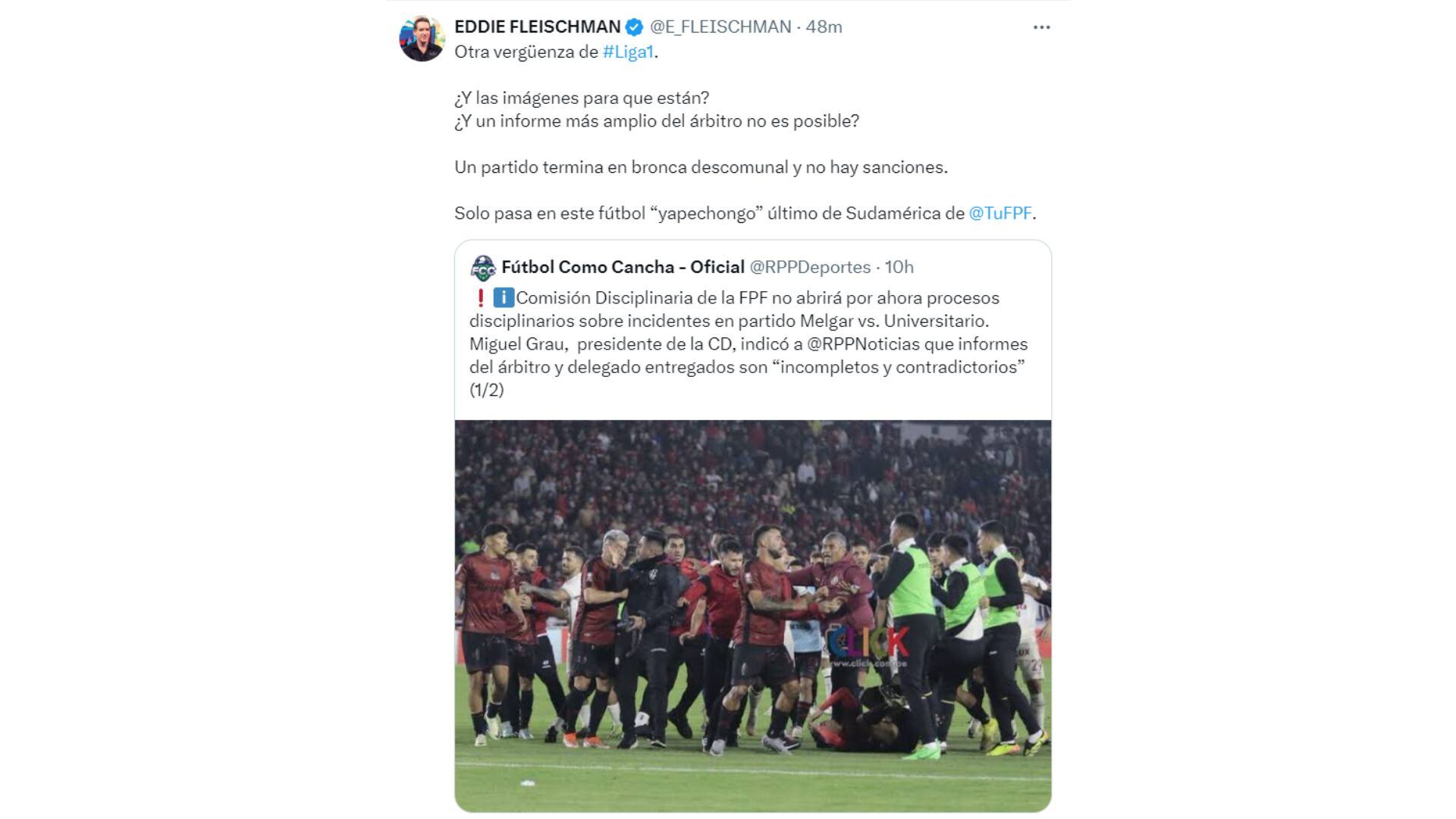 Eddie Fleischman criticó a la Federación Peruana de Fútbol por no sancionar a Universitario y Melgar tras batalla campal.