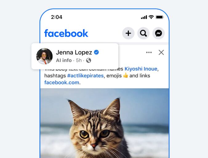 En las redes sociales de la empresa, los usuarios encontrarán información contextual sobre los contenidos generados por IA para entender mejor la publicación. (Meta)