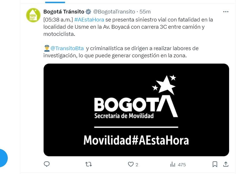 Bogotá Tránsito informó de un accidente en la localidad de Usme - crédito @BogotaTransito