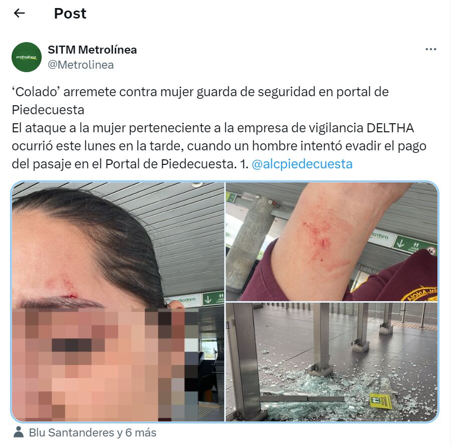 La mujer fue atendida por los servicios de salud para valorar sus heridas - crédito Metrolínea