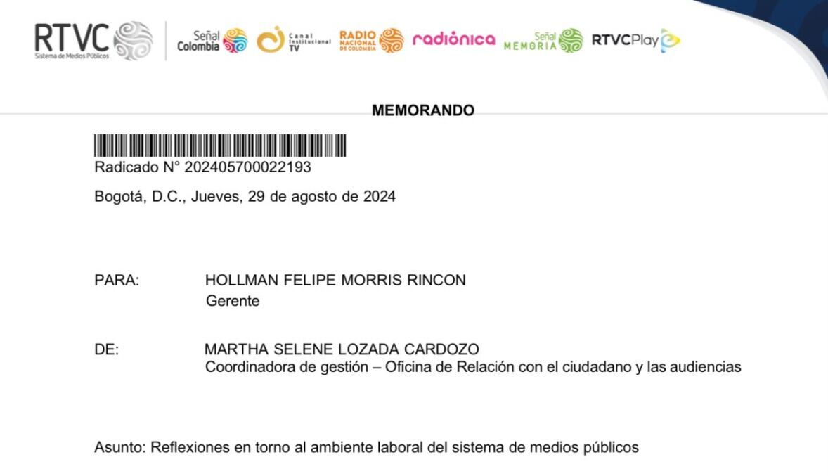 Oficio enviado a Hollman Morris en el que se denuncia maltrato laboral en Rtvc