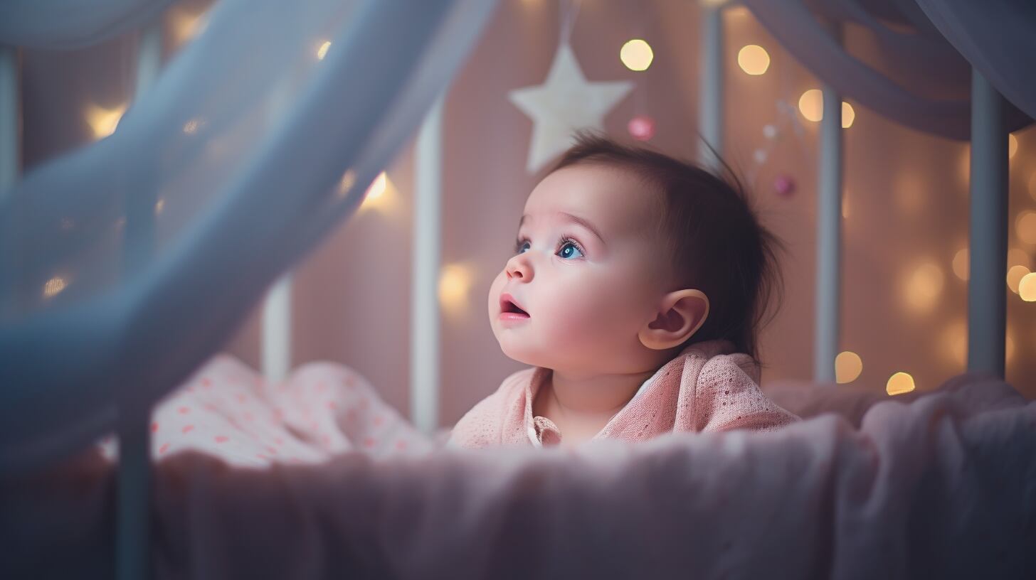 Una tierna imagen de un bebé durmiendo en su cuna, rodeado de luces de colores, cuidado con amor por sus padres. Una escena de la dulce infancia. (Imagen ilustrativa Infobae)