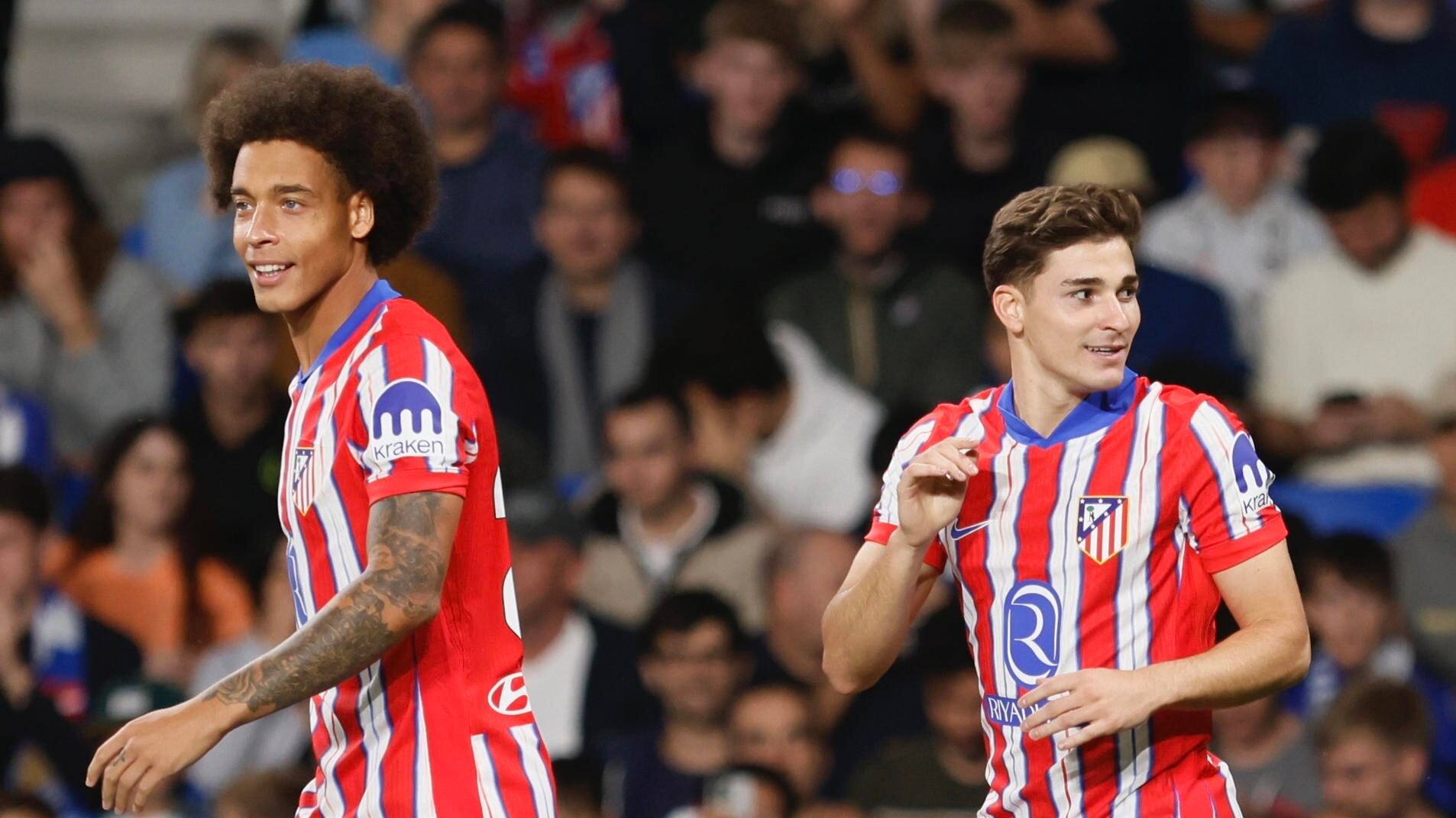 El delantero argentino del Atlético de Madrid Julián Álvarez celebra el gol marcado ante la Real Sociedad (EFE/Javi Colmenero)