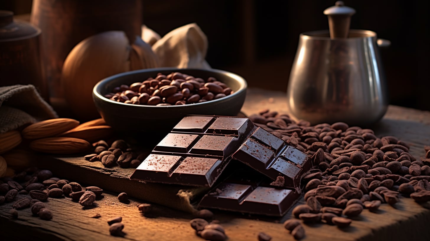 Barra de chocolate entera con granos de cacao en composición cálida de producto. (Imagen ilustrativa Infobae)